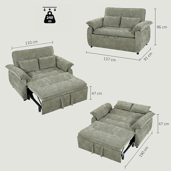 HOMCOM - Canapé convertible 2 places dossier inclinable 5 niv. tissu velours kaki clair - large