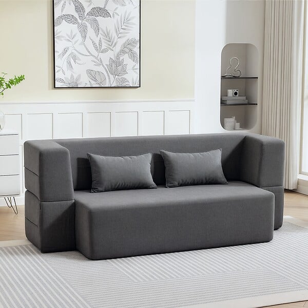 HOMCOM - Canapé convertible 2 places - HOMCOM - assise et accoudoirs larges 2 coussins entièrement compressé - chenille - 203x95x75cm - gris - large