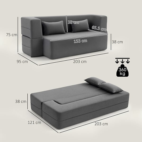 HOMCOM - Canapé convertible 2 places - HOMCOM - assise et accoudoirs larges 2 coussins entièrement compressé - chenille - 203x95x75cm - gris - large