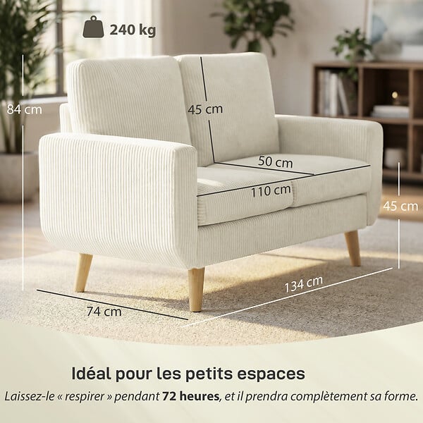 HOMCOM - Canapé 2 places style scandinave velours côtelé crème - large