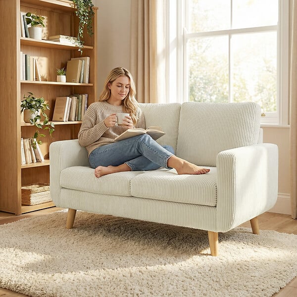 HOMCOM - Canapé 2 places style scandinave velours côtelé crème - large