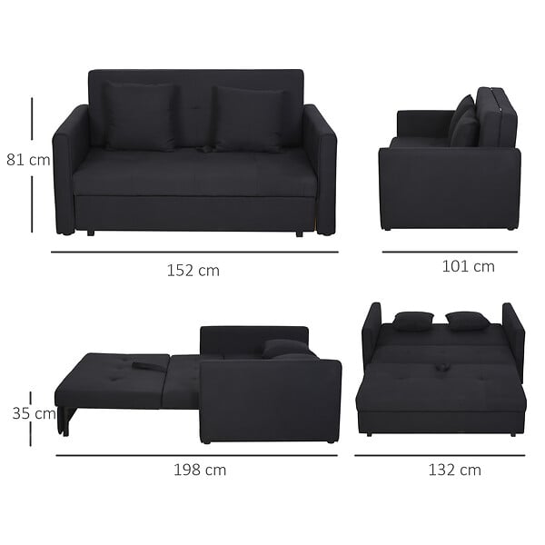 HOMCOM - Canapé convertible 2 places canapé-lit clic clac 2 coussins inclus coffre de rangement intégré tissu anthracite - large