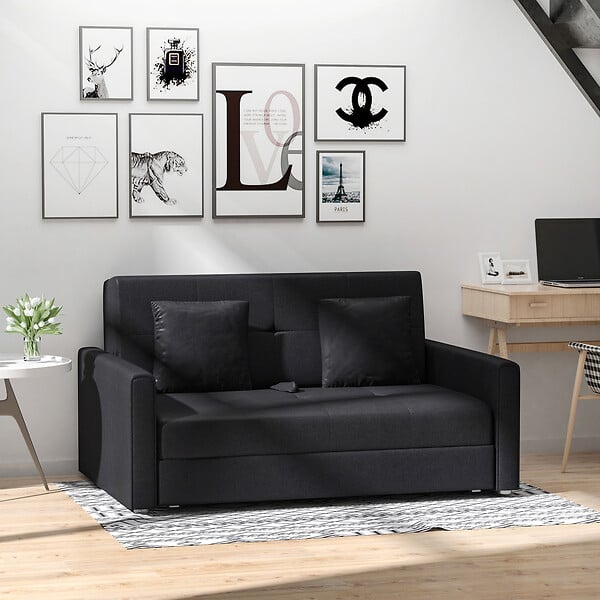 HOMCOM - Canapé convertible 2 places canapé-lit clic clac 2 coussins inclus coffre de rangement intégré tissu anthracite - large