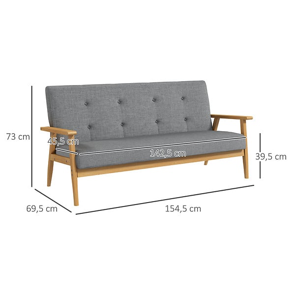 HOMCOM - Canapé 3 places style scandinave bois tissu gris - large