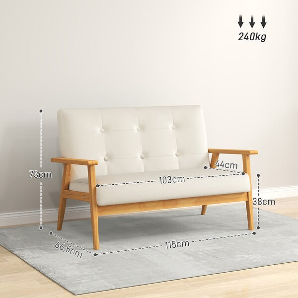 HOMCOM - Canapé 2 places style scandinave dim. 115l x 66,5P x 73H cm bois tissu beige - large
