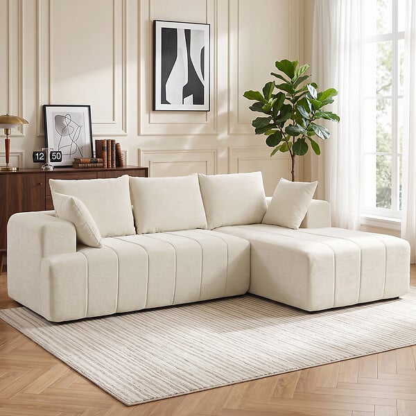 HOMCOM - Canapé d'angle 3 places 3+2 coussins tissu chenille beige - large