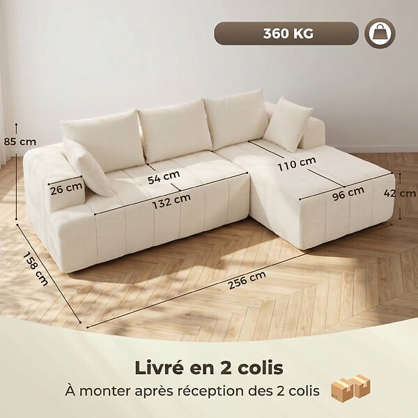 HOMCOM - Canapé d'angle 3 places 3+2 coussins tissu chenille beige - large