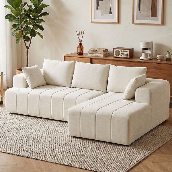 HOMCOM - Canapé d'angle 3 places 3+2 coussins tissu chenille beige - large