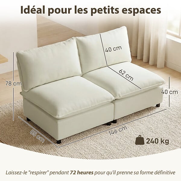 HOMCOM - Canapé 2 places modulable 146 cm grand confort tissu crème - large