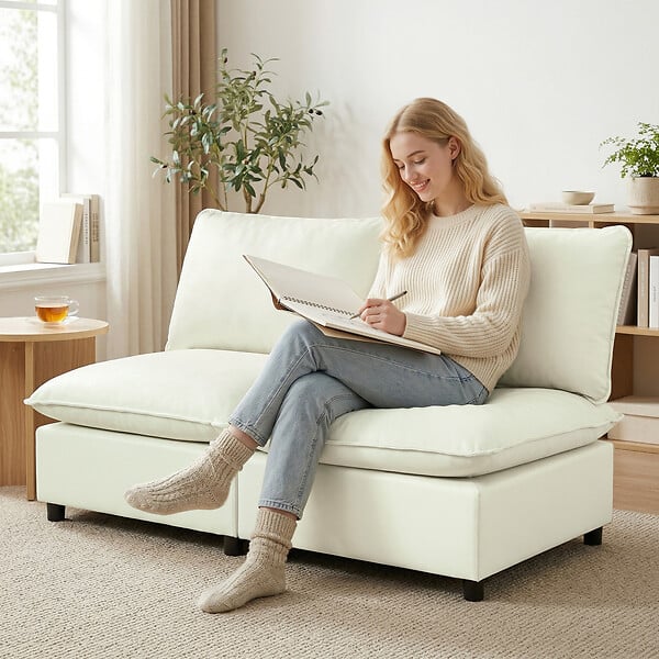 HOMCOM - Canapé 2 places modulable 146 cm grand confort tissu crème - large