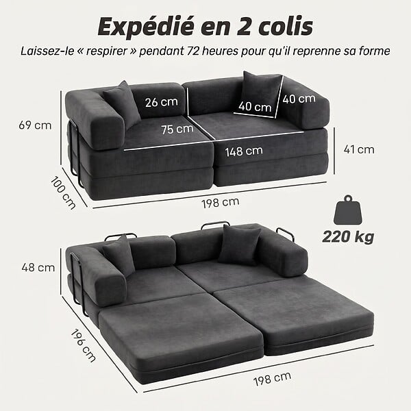 HOMCOM - Canapé convertible 2 places tissu chenille anthracite - large