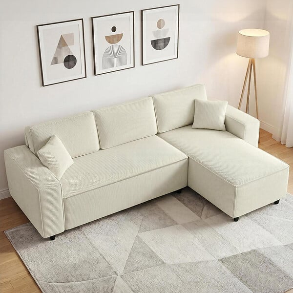 HOMCOM - Canapé d'angle réversible 3 places velours côtelé avec 2 coussins crème - large