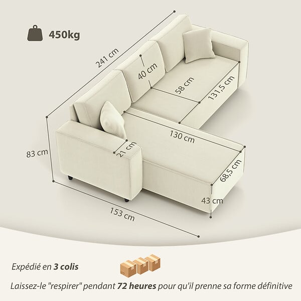 HOMCOM - Canapé d'angle réversible 3 places velours côtelé avec 2 coussins crème - large