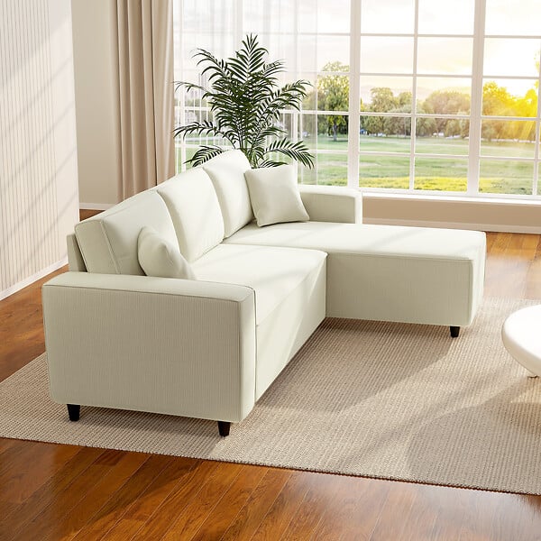 HOMCOM - Canapé d'angle réversible 3 places velours côtelé avec 2 coussins crème - large