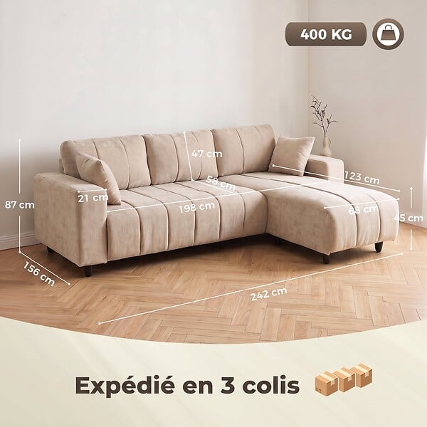 HOMCOM - Canapé d'angle réversible 3 places design look matelassé 2 coussins déco tissu toucher lin beige - large