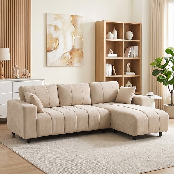 HOMCOM - Canapé d'angle réversible 3 places design look matelassé 2 coussins déco tissu toucher lin beige - large