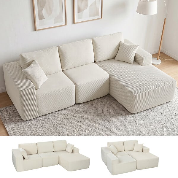 HOMCOM - Canapé d'angle modulable 3 places velours côtelé crème - large