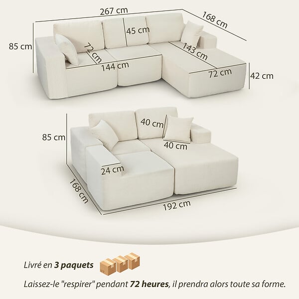 HOMCOM - Canapé d'angle modulable 3 places velours côtelé crème - large