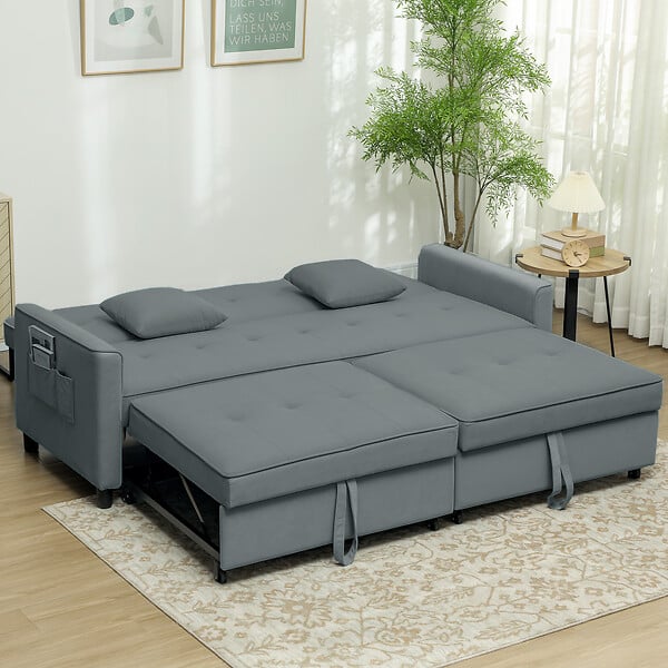 HOMCOM - Canapé convertible 3 places style Chesterfield effet capitonné inclinable - 2 coussins, pochettes rangement - velours gris - large