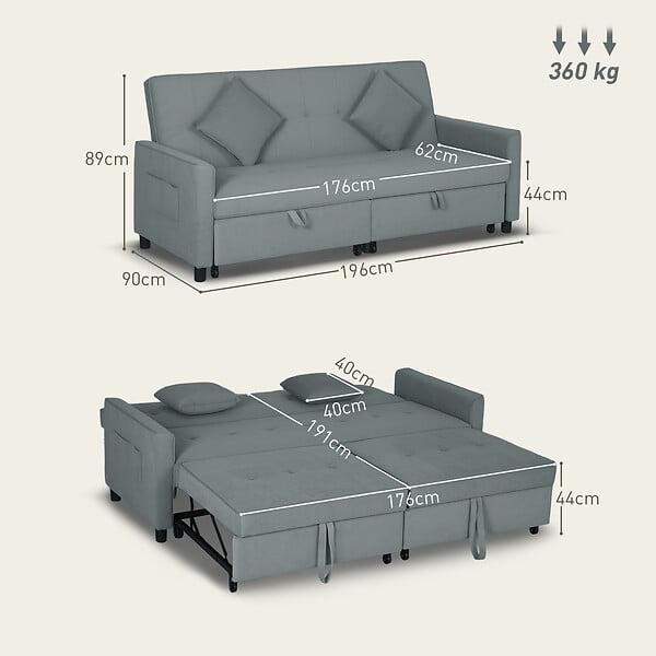 HOMCOM - Canapé convertible 3 places style Chesterfield effet capitonné inclinable - 2 coussins, pochettes rangement - velours gris - large