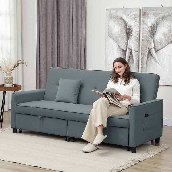 HOMCOM - Canapé convertible 3 places style Chesterfield effet capitonné inclinable - 2 coussins, pochettes rangement - velours gris - large
