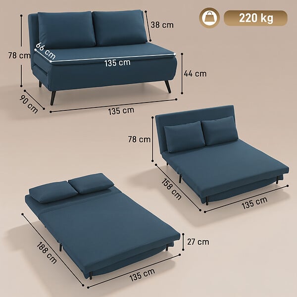HOMCOM - Canapé convertible 2 places inclinable tissu bleu foncé - large
