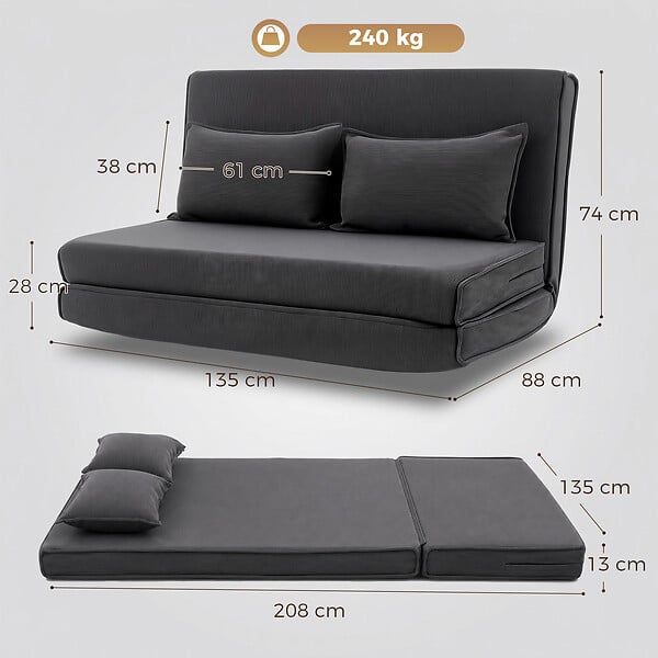 HOMCOM - Chauffeuse 2 places convertible velours côtelé 2 coussins anthracite - large