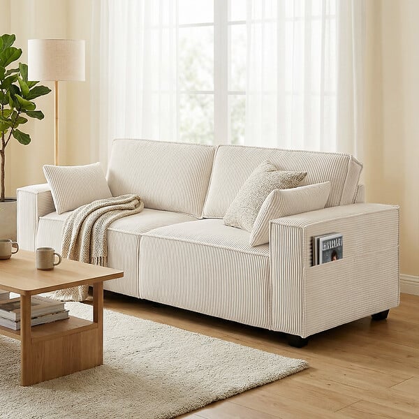 HOMCOM - Canapé 3 places larges accoudoirs 2 coussins velours côtelé beige - large