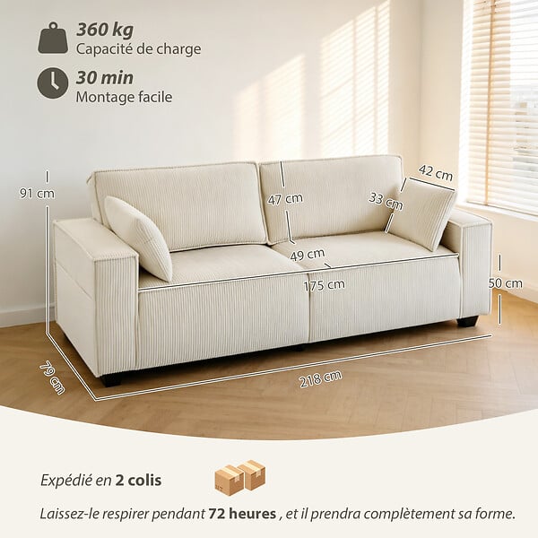 HOMCOM - Canapé 3 places larges accoudoirs 2 coussins velours côtelé beige - large