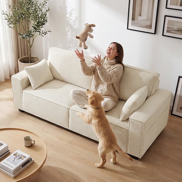 HOMCOM - Canapé 3 places larges accoudoirs 2 coussins velours côtelé beige - large