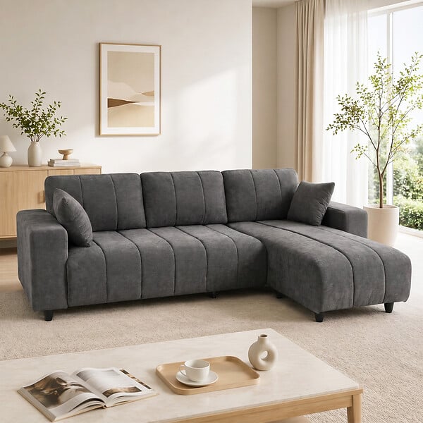 HOMCOM - Canapé d'angle réversible 3 places design look matelassé 2 coussins déco tissu toucher lin gris - large