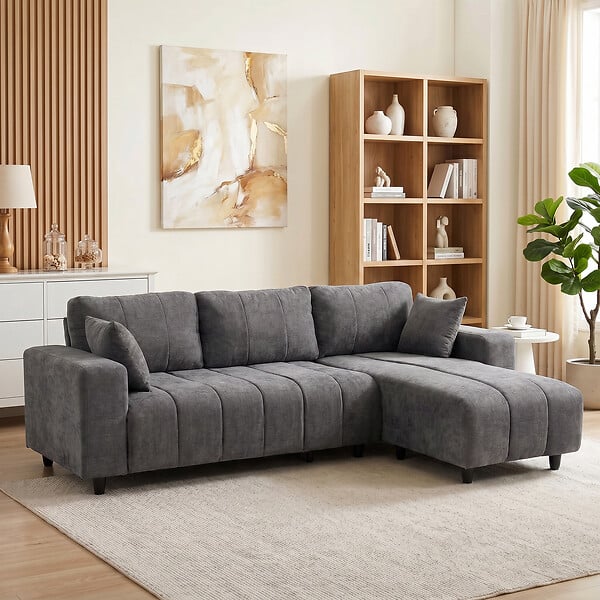 HOMCOM - Canapé d'angle réversible 3 places design look matelassé 2 coussins déco tissu toucher lin gris - large