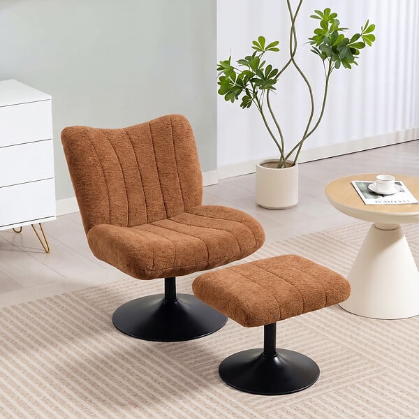 HOMCOM - Fauteuil de salon et repose-pieds style rétro matelassé piètement métal rond tissu marron - large