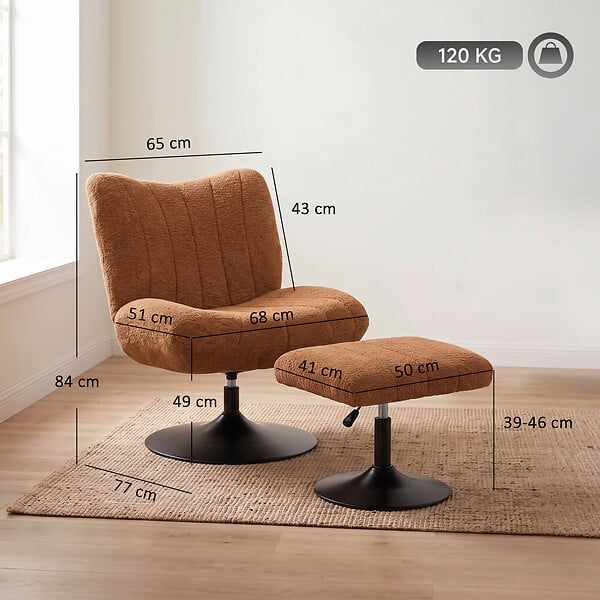 HOMCOM - Fauteuil de salon et repose-pieds style rétro matelassé piètement métal rond tissu marron - large