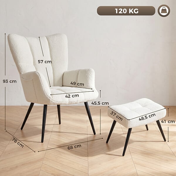 HOMCOM - Fauteuil avec repose-pieds design bouclette crème noir - large