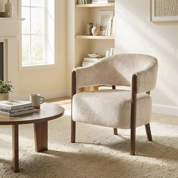 HOMCOM - Fauteuil design vintage bois tissu chenille beige marron - large