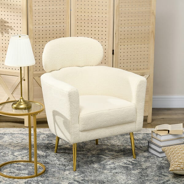 HOMCOM - Fauteuil cabriolet design bouclette piètement métal doré appui-tête réglable - large