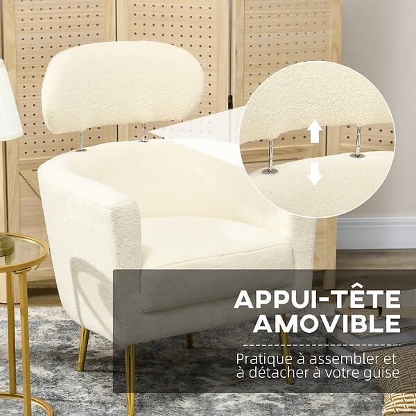 HOMCOM - Fauteuil cabriolet design bouclette piètement métal doré appui-tête réglable - large