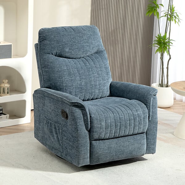 HOMCOM - Fauteuil relax inclinable repose-pieds rétractable pivotant pochette rangement intégrée tissu bleu chiné - large