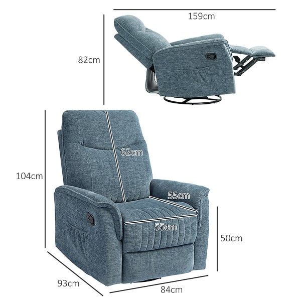 HOMCOM - Fauteuil relax inclinable repose-pieds rétractable pivotant pochette rangement intégrée tissu bleu chiné - large