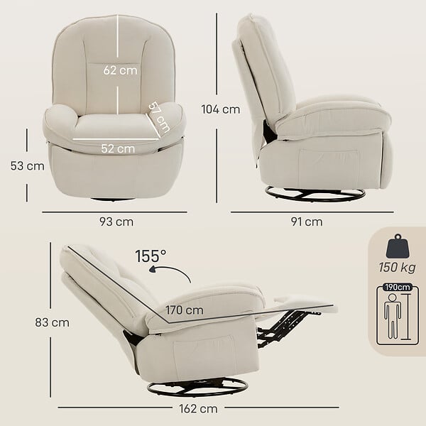 HOMCOM - Fauteuil boule design - fauteuil zéro gravité - pivotant, inclinable - tissu crème - large