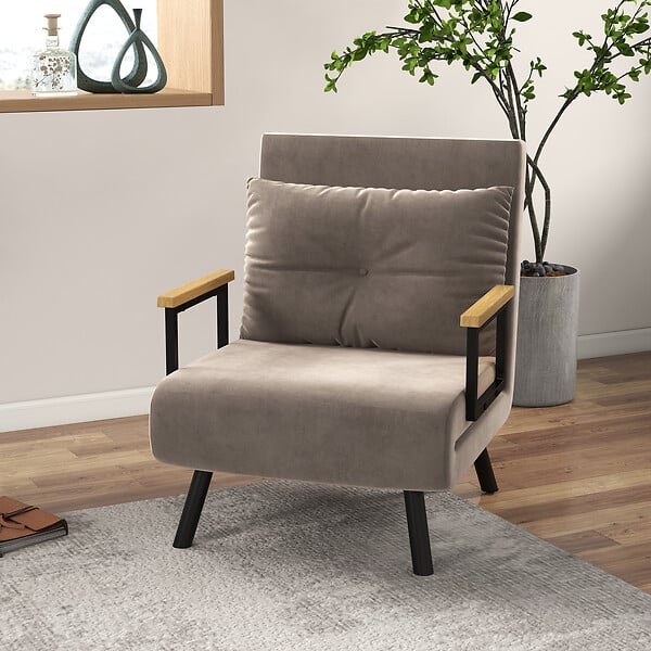 HOMCOM - Fauteuil convertible 3 en 1 chauffeuse lit dossier réglable coussin accoudoirs bois velours gris - large