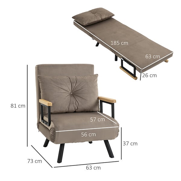HOMCOM - Fauteuil convertible 3 en 1 chauffeuse lit dossier réglable coussin accoudoirs bois velours gris - large