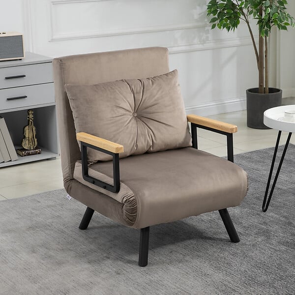 HOMCOM - Fauteuil convertible 3 en 1 chauffeuse lit dossier réglable coussin accoudoirs bois velours gris - large