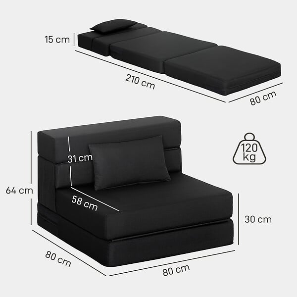 HOMCOM - Chauffeuse futon grand confort avec coussin tissu toucher lin noir - large