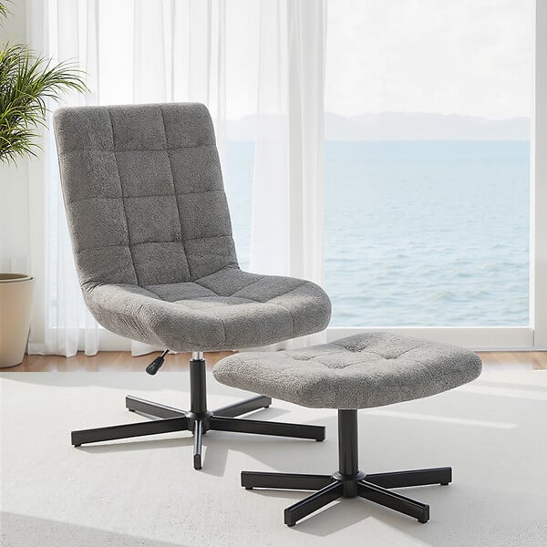 HOMCOM - Fauteuil lounge inclinable pivotant avec repose-pieds métal noir tissu bouclé gris - large