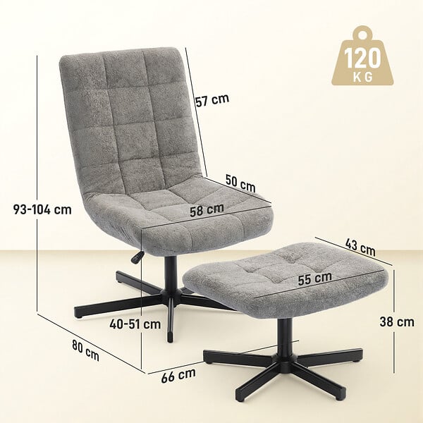 HOMCOM - Fauteuil lounge inclinable pivotant avec repose-pieds métal noir tissu bouclé gris - large