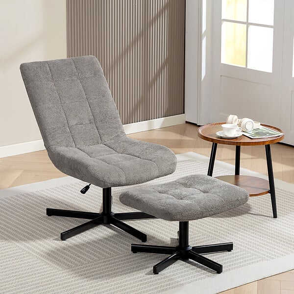 HOMCOM - Fauteuil lounge inclinable pivotant avec repose-pieds métal noir tissu bouclé gris - large