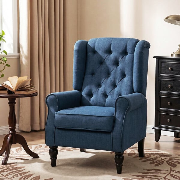 HOMCOM - Fauteuil à oreilles style Chesterfield dossier capitonné grand confort bois noir tissu bleu - large