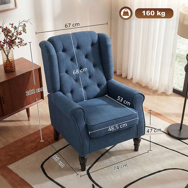 HOMCOM - Fauteuil à oreilles style Chesterfield dossier capitonné grand confort bois noir tissu bleu - large